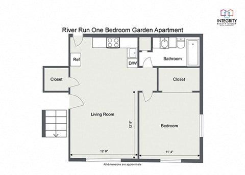Floor plan for 1 bed, 1 bath, 650 sqft