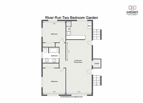 Floor plan for 2 beds, 1 bath, 1030 sqft