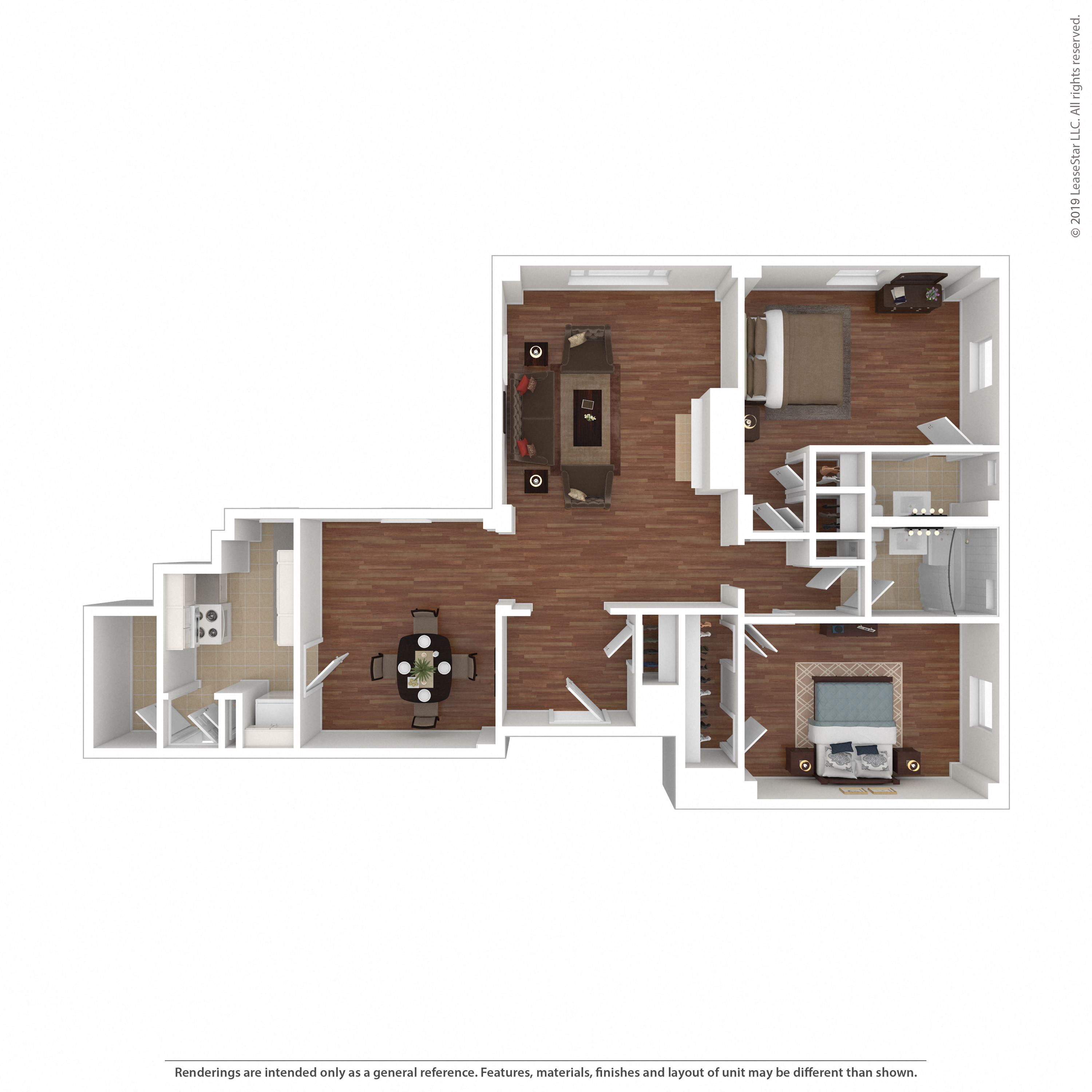 Floor plan for 2 beds, 1.5 baths, 1000 sqft