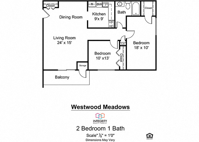 Floor plan for 2 beds, 1 bath, 1050 sqft