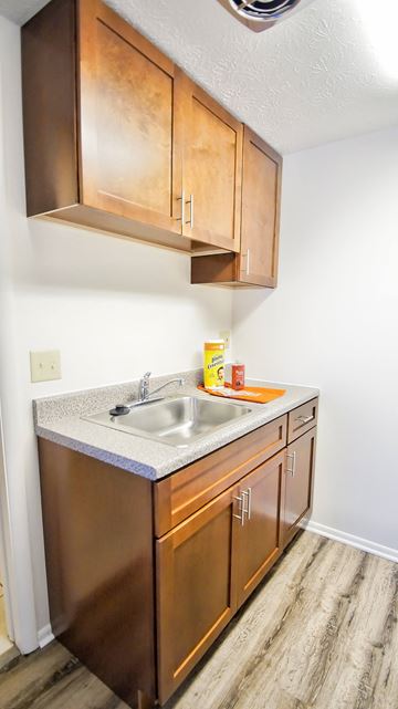 Berea apartment for rent - a kitchen with wooden cabinets and a sink