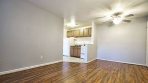 Berea apartment for rent - an empty living room and kitchen with wood flooring and a ceiling fan