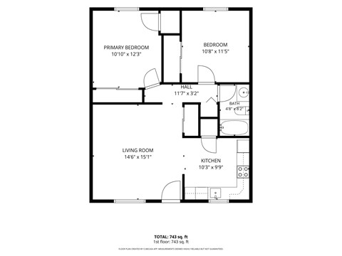 Floor plan for 2 beds, 1 bath, 806 sqft