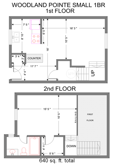 Floor plan for 1 bed, 1 bath, 640 sqft