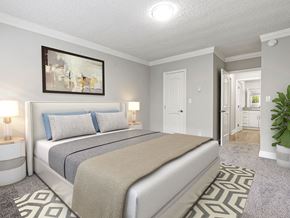 Los Angeles apartment for rent - Well-lit carpeted bedroom with private bathroom.