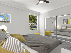 Los Angeles apartment for rent - Carpeted bedroom with ceiling fan.