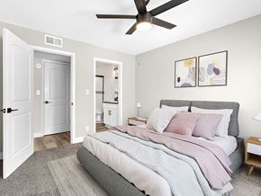 Valley Glen apartment for rent - Carpeted bedroom with ceiling fan and private bathroom.