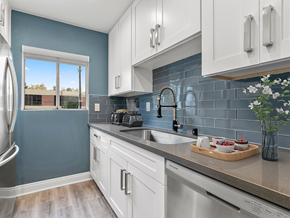 Studio City apartment for rent - Blue tiled kitchen with stainless steel fridge and dish washer.