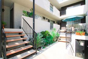 Los Angeles apartment for rent - Succulent gardens inside courtyard at 1249 South Bundy.