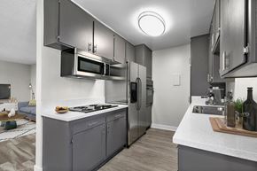 Studio City apartment for rent - Spacious kitchen with stainless steel fridge, oven, and microwave.