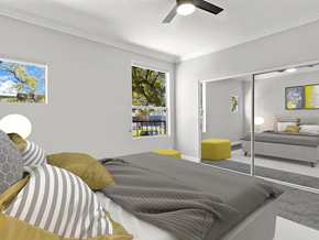 Los Angeles apartment for rent - Carpeted bedroom with ceiling fan and mirrored closet.