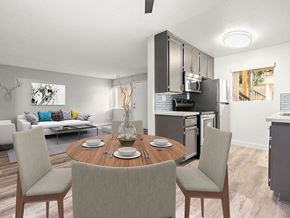 Reseda apartment for rent - Dining room with hardwood floor and view of living room and tiled and stainless steel kitchen.