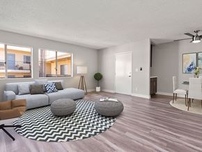 Reseda apartment for rent - Living room with hardwood floor and view of dining area.