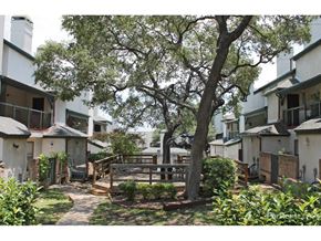 San Antonio apartment for rent - a courtyard with many small houses and a tree