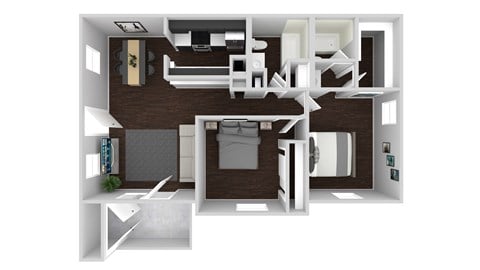 Floor plan for 2 beds, 2 baths, 910 sqft