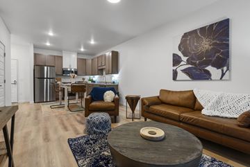 Vermillion apartment for rent - A modern living room with a brown leather couch and a large abstract painting on the wall.