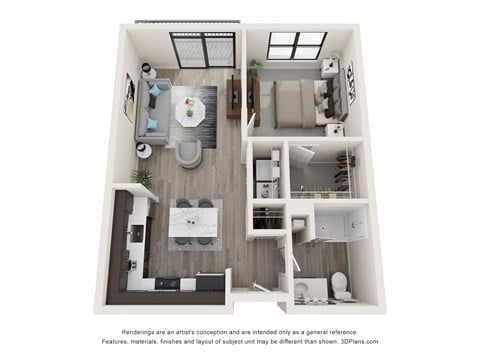 Floor plan for 1 bed, 1 bath, 697 sqft