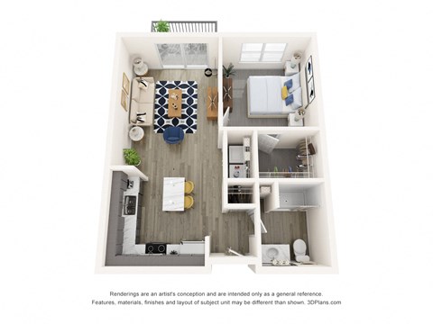 Floor plan for 1 bed, 1 bath, 672 sqft