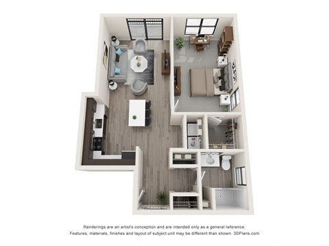 Floor plan for 1 bed, 1 bath, 839 sqft