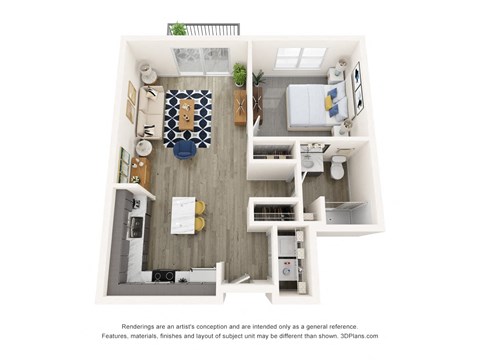 Floor plan for 1 bed, 1 bath, 744 sqft