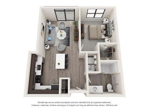 Floor plan for 1 bed, 1 bath, 715 sqft