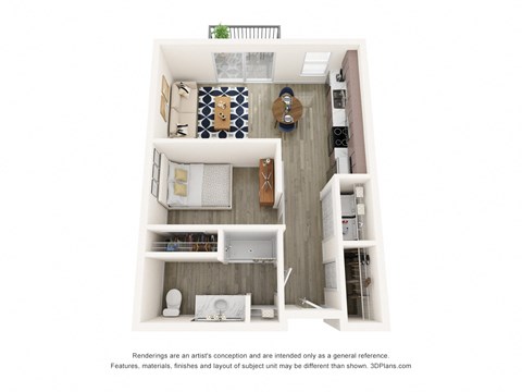Floor plan for studio, 1 bath, 621 sqft