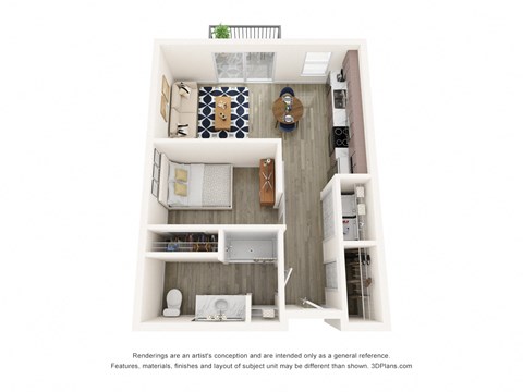 Floor plan for studio, 1 bath, 621 sqft