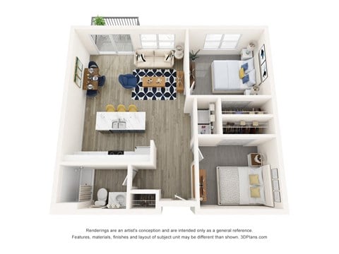 Floor plan for 2 beds, 1 bath, 854 sqft