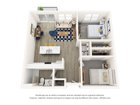 Floor plan for 2 beds, 1 bath, 856 sqft