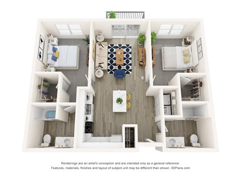 Floor plan for 2 beds, 2 baths, 998 sqft