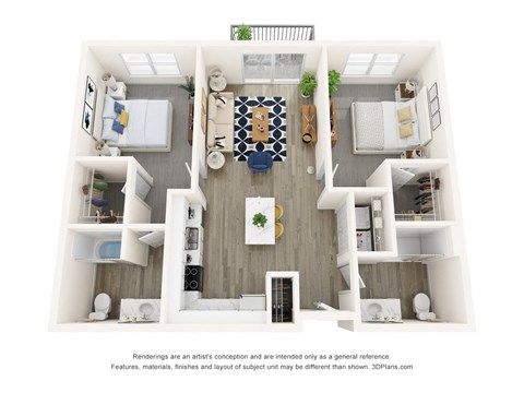 Floor plan for 2 beds, 2 baths, 1002 sqft