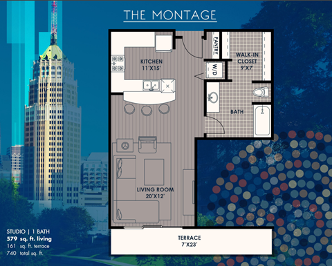 Floor plan for studio, 1 bath, 579 sqft