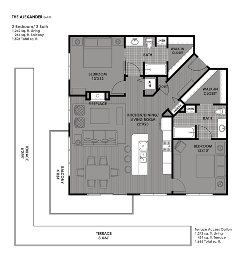 Floor plan for 2 beds, 2 baths, 1242 sqft