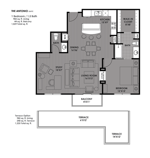 Floor plan for 1 bed, 1.5 baths, 985 sqft