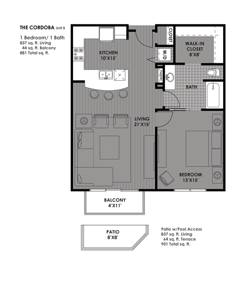 Floor plan for 1 bed, 1 bath, 837 sqft