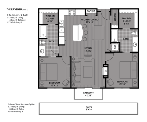 Floor plan for 2 beds, 2 baths, 1134 sqft
