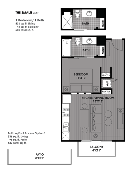 Floor plan for 1 bed, 1 bath, 536 sqft