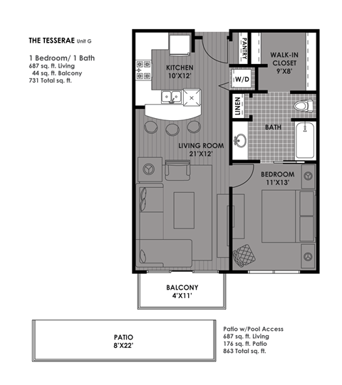 Floor plan for 1 bed, 1 bath, 687 sqft