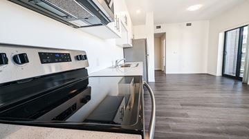 Kitchener apartment for rent - A modern kitchen with a black stove top oven.