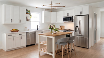 Guelph townhouse for rent - A modern kitchen with white cabinets and stainless steel appliances.