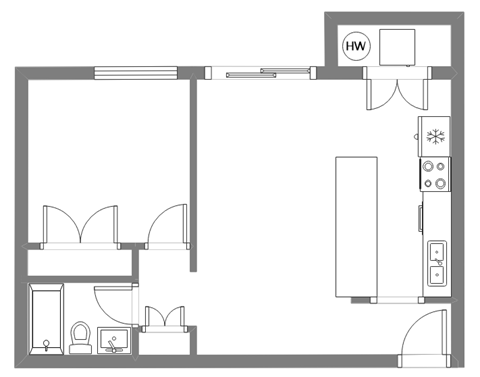 Floor plan for 1 bed, 1 bath, 650 sqft
