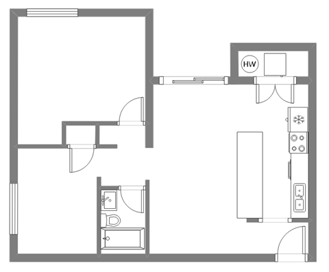Floor plan for 2 beds, 1 bath, 860 sqft