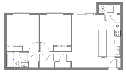 Floor plan for 2 beds, 1 bath, 940 sqft