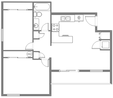 Floor plan for 2 beds, 1 bath, 860 sqft