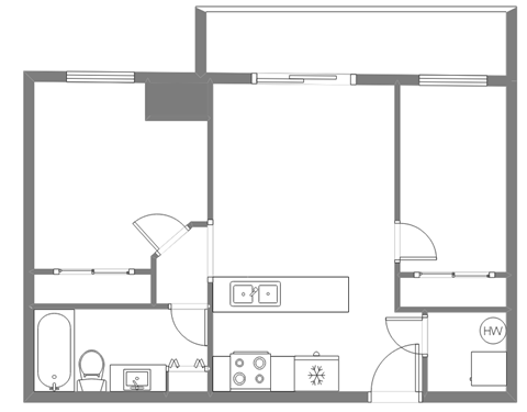 Floor plan for 2 beds, 1 bath, 630 sqft