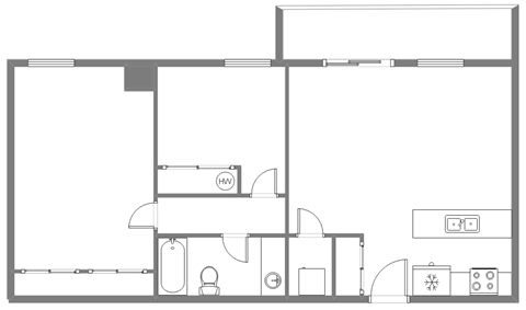 Floor plan for 2 beds, 1 bath, 940 sqft