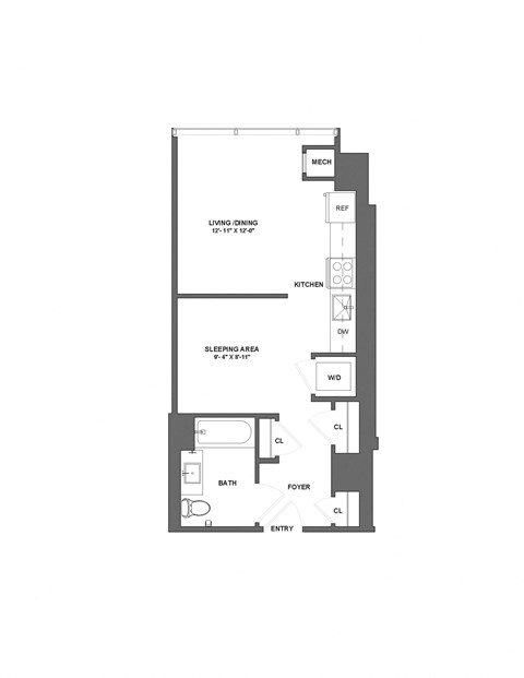 Floor plan for studio, 1 bath, 492 sqft