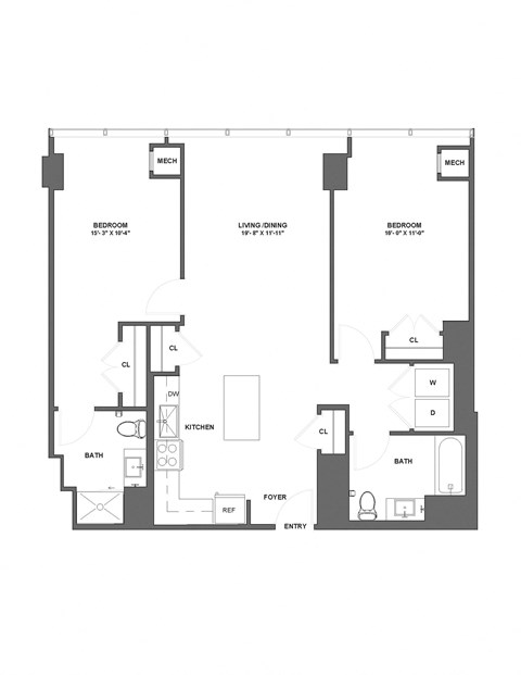 Floor plan for 2 beds, 2 baths, 1126 sqft