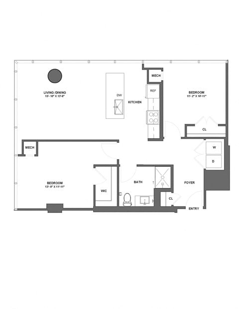 Floor plan for 2 beds, 1 bath, 996 sqft