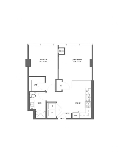 Floor plan for 1 bed, 1 bath, 717 sqft